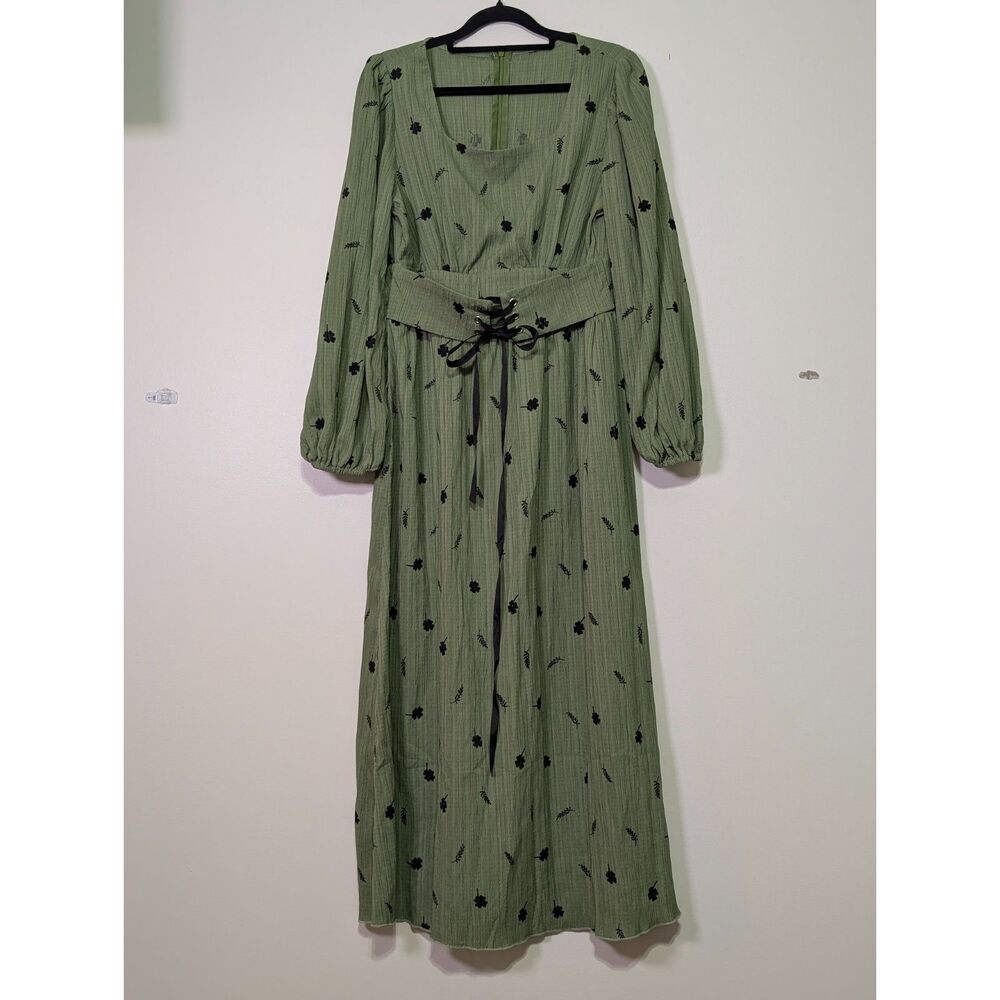 Sage Green Botanical Maxi Dress Corset Waist Cottagecore Small - Picture 2 of 6